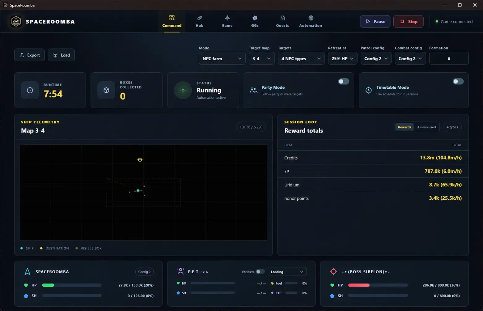 SpaceRoomba Command dashboard showing automation status, ship telemetry, and session loot